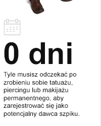 0 dni - TTyle musisz odczekać po zrobieniu sobie tatuażu, piercingu lub makijażu permanentnego, aby zarejestrować się jako potencjalny dawca szpiku.